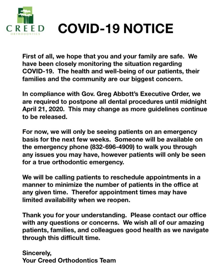 Covid-Notice-2 - Creed Orthodontics - Cypress Texas